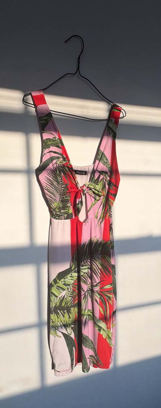 MEEK Pink and Red Tropical Leaf Print Tie-Front Sleeveless Midi Dress